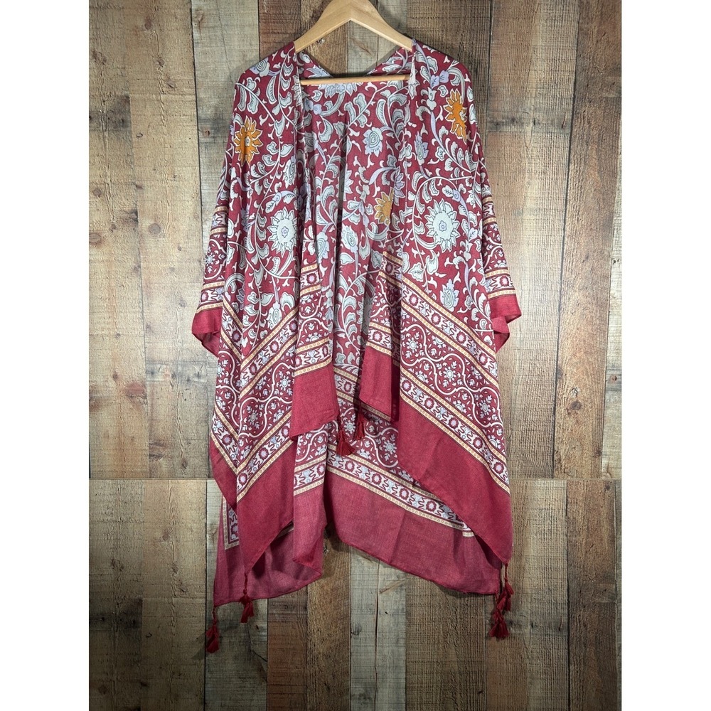 Boho Kimono Cardigan Wrap One Size Red Floral Tapestry Tassel Festival Duster
